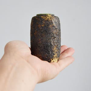May include: A small, textured ceramic vase with a cylindrical shape. The vase has a dark brown exterior with yellow and green accents. The vase is held in a hand against a plain background.