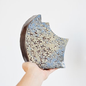 Op de afbeelding: Een keramische vaas met een unieke, asymmetrische vorm. De vaas heeft een bruine, gebogen rand en een lichtblauwe oppervlakte versierd met een patroon van donkerbruine bloemvormen. De vaas wordt in een hand gehouden tegen een witte achtergrond.