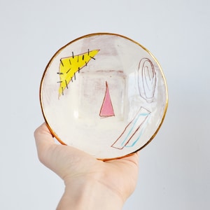 Vintage 1980s PATRICK LOUGHRAN Scarce Postmodern Studio Pottery Dish, with Hand-Painted Abstract Design