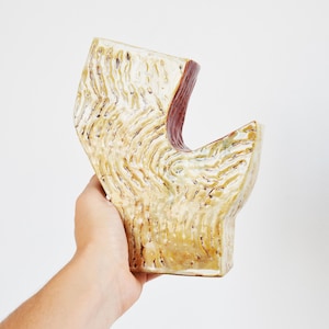 Puede incluir: Un jarrón de cerámica con un diseño abstracto único. El jarrón es de color marrón claro con una superficie texturizada y un acento rojo.