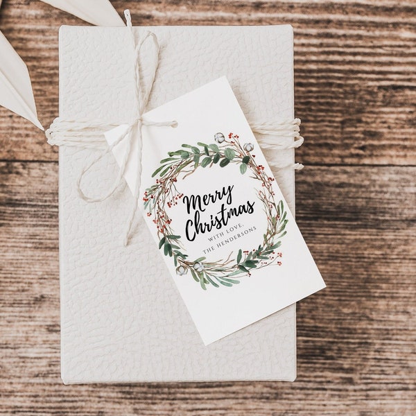 Wreath Gift Tag Template, Christmas Present Tag Editable, Holiday Wreath Watercolor Favor Tag Printable, DIY Holiday Gift Tag Eucalyptus