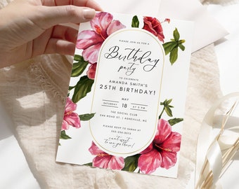 Tropical Birthday Invitation Template | Birthday Party Invite Editable | Hibiscus Hawaiian Birthday Invitation Card | Pink Floral Invitation