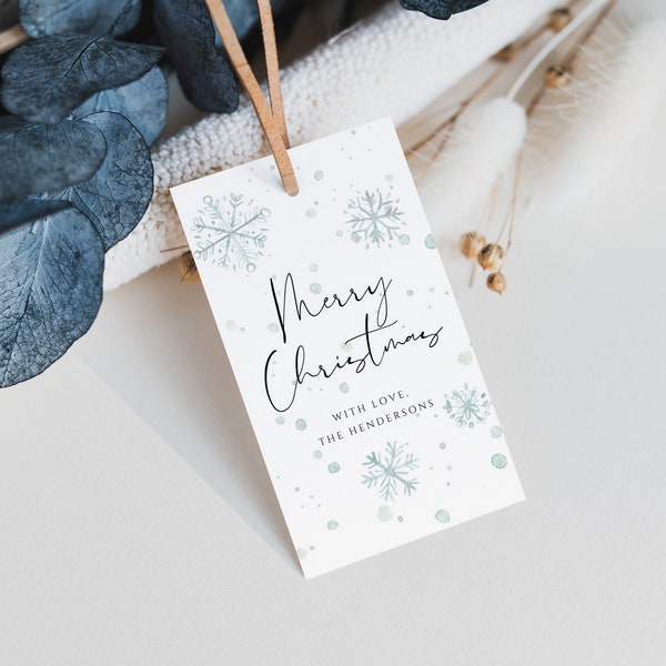 Icy Snowflakes Gift Tag Template, Christmas Present Tag Editable, Blue Snow Flakes Watercolor Favor Tag Printable, DIY Holiday Gift Tags