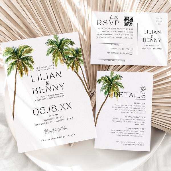 Tropical Palm Trees Wedding Invitation Template Suite | Editable DIY Wedding Invitations Tropical Beach Wedding Printable | RSVP QR Code
