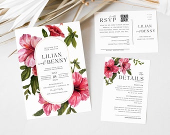 Tropical Hibiscus Wedding Invitation Bundle | Tropical Wedding Invite Template | Pink Floral Wedding Invitation Template Editable QR Code