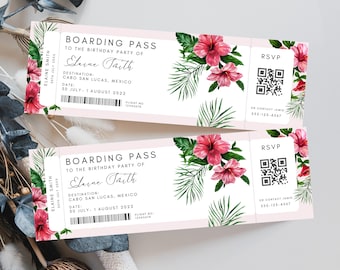 Birthday Boarding Pass Template Tropical Hibiscus Palm Leaves, Destination Birthday Party Passport Invite Pink Flowers Watercolor Printable