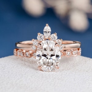 Unique Moissanite Engagement Ring Set Rose Gold Marquise Diamond Art Deco Band Oval Cut Bridal Wedding Antique Promise Women Anniversary 2pc image 2