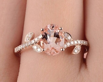 Morganite Oval Cut Engagement Ring Rose Gold Flower Inspired Ring Wedding Curved Leaf Twig Cluster Diamond Eternity Anniversary Unique Ring