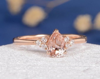 Morganite Ring Rose Gold Pear Shaped Engagement Ring Women Bridal Peachy Pear Cut Wedding Anniversary Custom Jewelry Gift Cluster Diamond