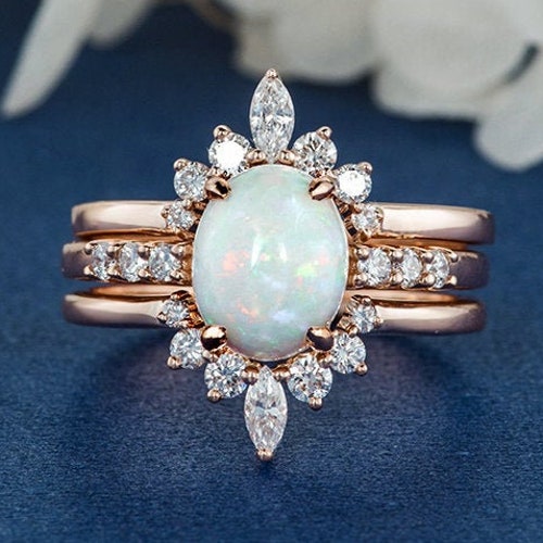 Vintage Opal Engagement Ring Pear Cut Rose Gold Cluster | Etsy