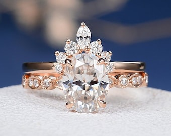 Unique Moissanite Engagement Ring Set Rose Gold Marquise Diamond Art Deco Band Oval Cut Bridal Wedding Antique Promise Women Anniversary 2pc