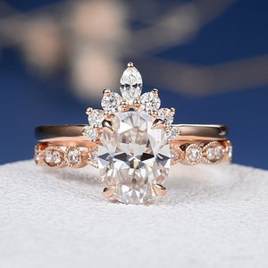 Unique Moissanite Engagement Ring Set Rose Gold Marquise Diamond Art Deco Band Oval Cut Bridal Wedding Antique Promise Women Anniversary 2pc image 1