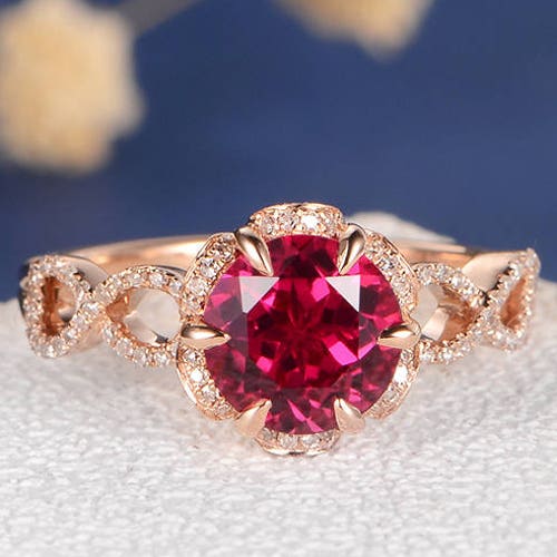 Antique Rose Gold Engagement Ring Lab Ruby Wedding Bridal | Etsy