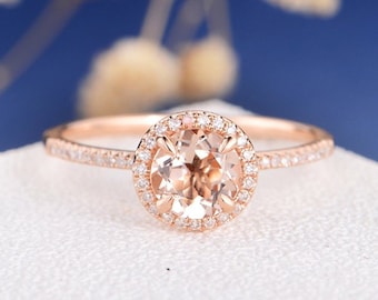 Morganite Ring Rose Gold Engagement Ring Halo Wedding Bridal Women Eternity Diamond Multistone Anniversary Promise Birthday Gift Engraving