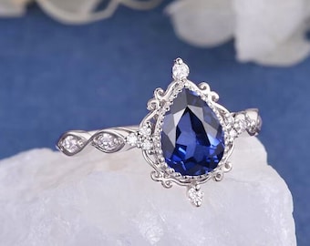 Unique Blue Sapphire Engagement Ring Pear Shaped Lab Sapphire Ring White Gold Diamond Ring Vine Flower Ring September Birthstone Milgrain