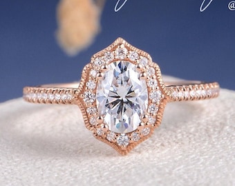 Vintage Moissanite Engagement Ring Antique Moissanite Ring Rose Gold Diamond Accent Art Deco Unique Halo Anniversary Oval LoveRingsDesign