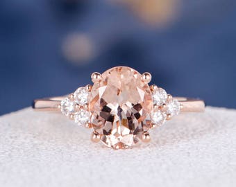 Morganite Ring Rose Gold Engagement Ring Oval Cut Wedding Cluster Diamond Anniversary Gemstone Multistone Ring Women Unique Retro