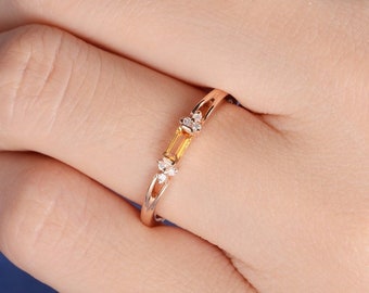 Baguette Citrine Ring Rose Gold Engagement Ring Diamond Cluster November Birthstone Stacking Wedding Band Women Antique Engraving Promise