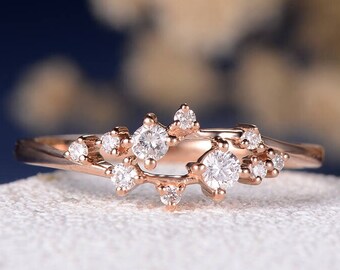 Flower Diamond Engagement Ring Snowflake Cluster Floral Dainty Ring Rose Gold  Unique Twig Wedding Band Mini Anniversary Gift Promise Women