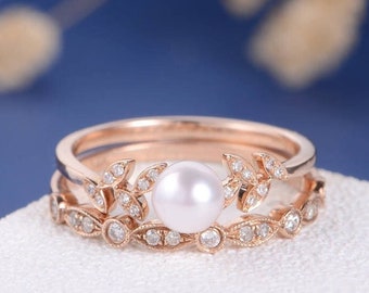 Vintage Pearl Engagement Ring Set Leaf Flower Rose Gold Bridal Set Unique Vine Natural Art Deco Antique Anniversary Promise Women Akoya 2pcs