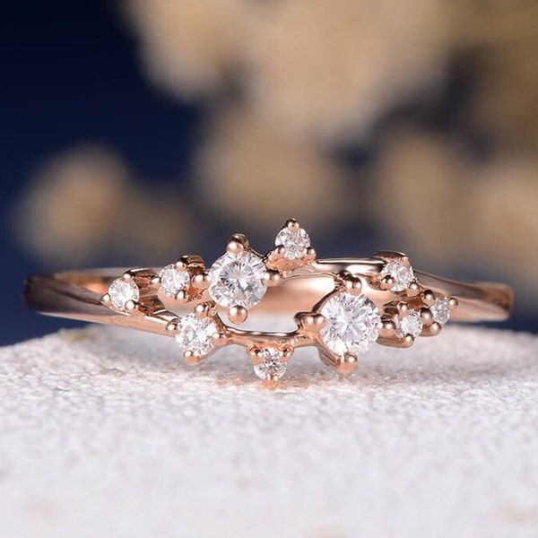 Flower Diamond Engagement Ring Snowflake Cluster Floral Dainty Ring Rose Gold  Unique Twig Wedding Band Mini Anniversary Gift Promise Women