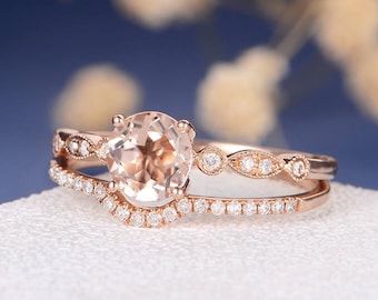 Morganite Engagement Ring Set Rose Gold Bridal Diamond Antique Art Deco Women Anniversary Stacking Dainty Eternity Curved Wedding Band 2pcs