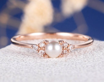 Pearl Diamond Engagement Ring Rose Gold Ring Cluster Retro Promise Antique Women Art Deco Wedding Dainty Jewelry Unique Anniversary Gift