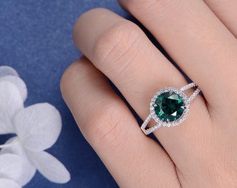 Lab Emerald Engagement Ring White Gold Lab Emerald Ring Bridal Wedding Natural Diamond Halo Ring Double Bands Solitaire May Birthstone Green