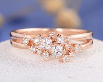 Diamond Cluster Ring  Rose Gold Twig Engagement Ring Floral Unique Wedding Band Snowflake Dainty Flower Mini Tiny Anniversary Promise 2pcs