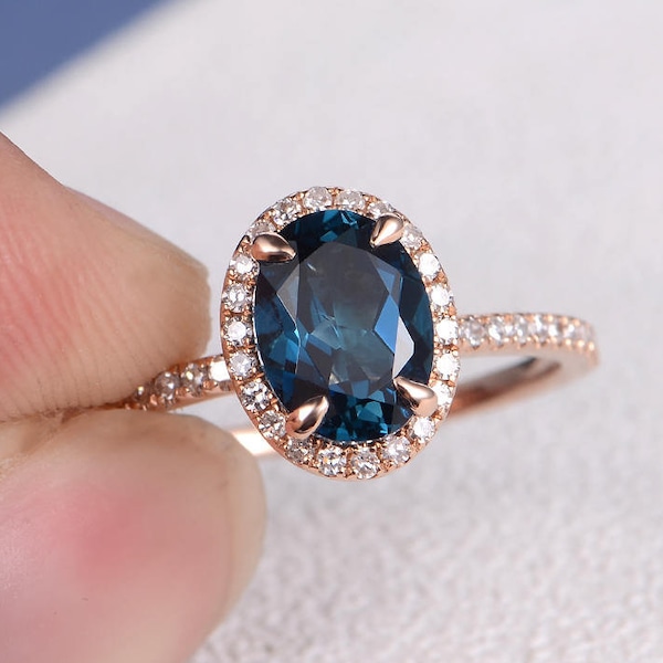 London Blue Topaz Engagement Ring Rose Gold Oval Cut London Blue Topaz Ring Diamond Halo Birthstone Women Wedding Stacking Antique Retro 6x8