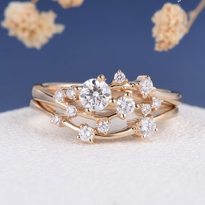 Diamond Cluster BRIDAL SET Twig Engagement Ring Unique Dainty Yellow Gold Snowflake Wedding Band Women Stacking Promise Anniversary Flower