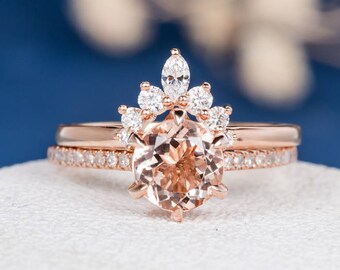 Unique Rose Gold Morganite Engagement Ring Bridal Set Antique Cluster Marquise Diamond Wedding Women Antique Diamond Halo Flower Leafy