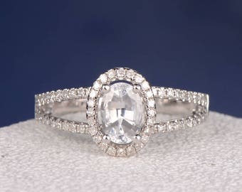 White Sapphire Engagement Ring Oval Cut White Gold Wedding Ring Halo Diamond Eternity Bridal Split Shank Anniversary Promise Minimalist Ring
