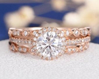 Moissanite Rose Gold Engagement Ring Set Antique Art Deco Wedding Band Women Diamond Eternity Retro Unique Anniversary Halo Promise 3pcs