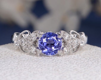 Antique Engagement Ring Tanzanite White Gold Wedding Ring Unique Milgrain Leaf Filigree Delicate Twig Flower Vine Anniversary Promise Bridal