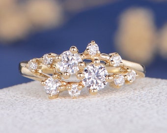 Unique Diamond Twig Ring Cluster Ring Gold Wedding Band Women Closer Gap Stacking Band Snowflake Dainty Promise Star Anniversary Flower Mini