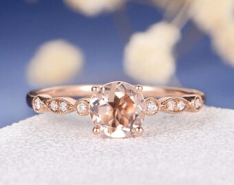Morganite Ring Rose Gold Engagement Ring Art Deco Antique Eternity Diamond Wedding Ring Bridal Promise Anniversary Women Retro Eternity