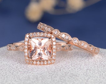 Art Deco Morganite Bridal Set 2pcs Rose Gold Engagement Ring Princess Cut Morganite Wedding Band Women Set Antique Vintage Morganite Jewelry