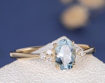 Unique Aquamarine Engagement Ring Aquamarine Ring Rose Gold White Gold Wedding Cluster Oval Cut Antique Bridal Women Anniversary Gift