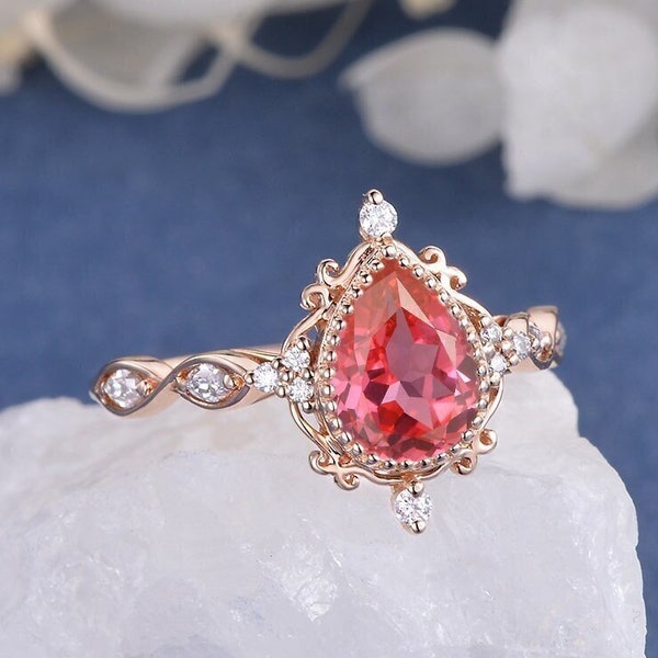 Vintage Peach Sapphire Engagement Ring Rose Gold Padparadscha Moissanite Ring Pear Shaped Peach Sapphire Ring Anniversary Gift Women
