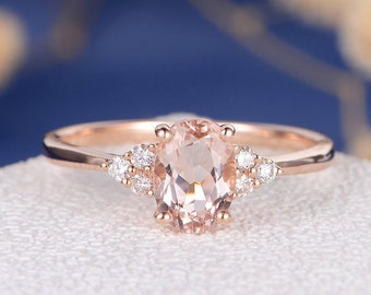 Oval Cut Morganite Engagement Ring Vintage Morganite Ring Rose Gold Wedding Cluster Antique Diamond Women Unique Anniversary Gift for Her