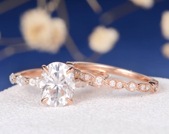 Moissanite Bridal Sets Rose Gold Engagement Ring Set Oval Cut Unique Antique Marquise Wedding Band Women Diamond Art Deco Eternity 2pcs