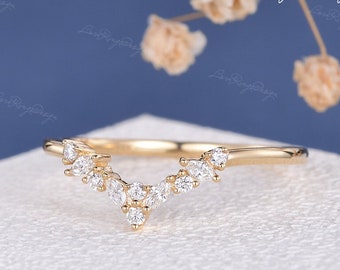 Unique Marquise Moissanite Wedding Band Yellow Gold Curved Band Stacking Matching Ring Vintage Cluster Ring Gift for Women Eternity