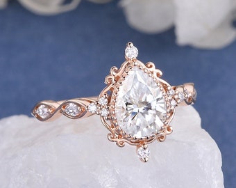 Unique Pear Shaped Moissanite Engagement Ring Rose Gold Marquise Moissanite Wedding Ring Vintage Diamond Ring Anniversary Gift Milgrain