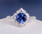 Engagement Ring Unique Lab Sapphire Art Deco Wedding Women Bridal Unique Cushion Cut White Gold Diamond Halo Anniversary Gift Birthstone