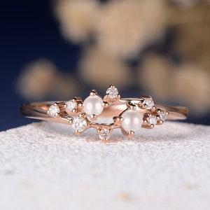 Pearl Diamond Engagement Ring Unique Cluster Ring Twig Unique Wedding Band Snowflake Floral Rose Gold Flower Mini Anniversary Promise Women