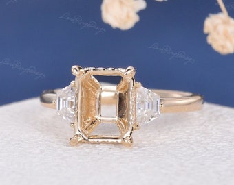Unique Emerald Cut Engagement Ring Setting Three Stone Baguette Ring Yellow Gold Moissanite Ring Setting Without Stone Personalized Jewelry