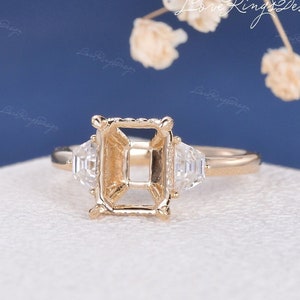 Unique Emerald Cut Engagement Ring Setting Three Stone Baguette Ring Yellow Gold Moissanite Ring Setting Without Stone Personalized Jewelry