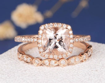 Cushion Cut Morganite Engagement Ring Set Rose Gold Halo Diamond Art Deco Wedding Band Women Eternity Antique Unique Bridal Set Pave 2pcs