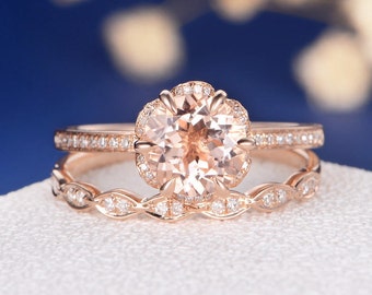 Flower Morganite Engagement Ring Hidden Halo Rose Gold Unique Bridal Set Art Deco Peekaboo Ring Antique Diamond Stacking Anniversary 2pcs